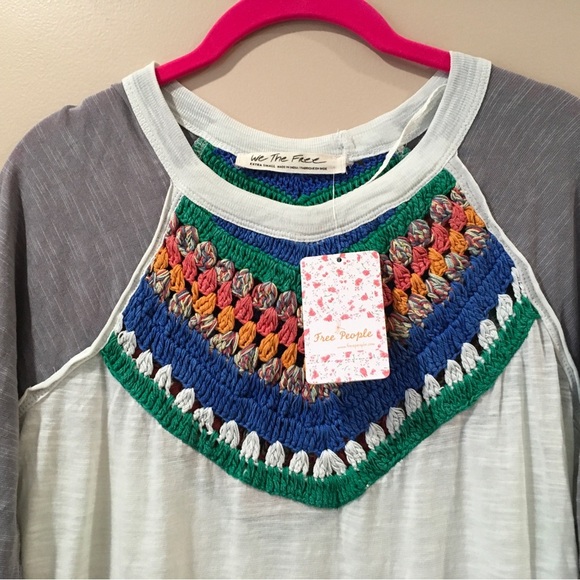 We The Free Spring Bound Crochet Knit Yoke Raglan Sleeve Tee Top XS - Picture 4 of 8